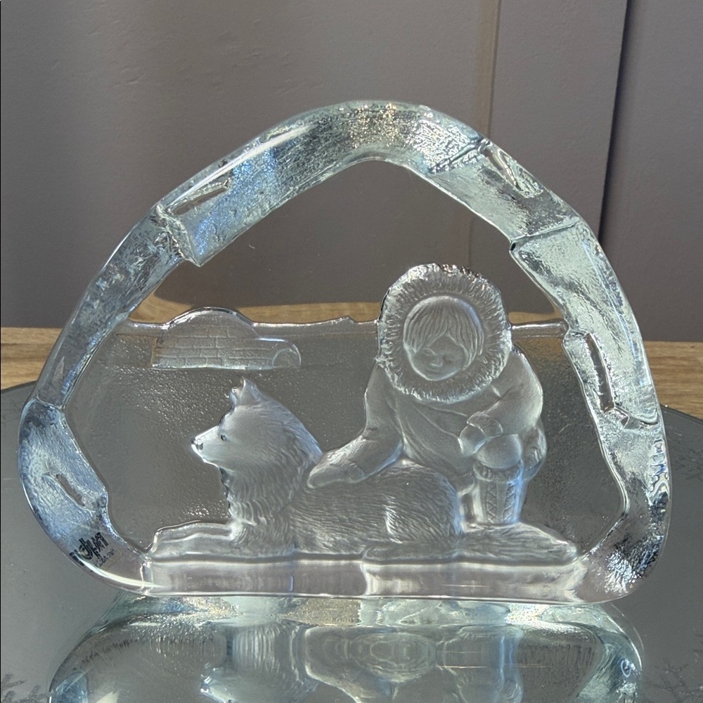Nybro Sweden Crystal Inuit Man Dog And Igloo Art Glass Artist Signed Paperweight